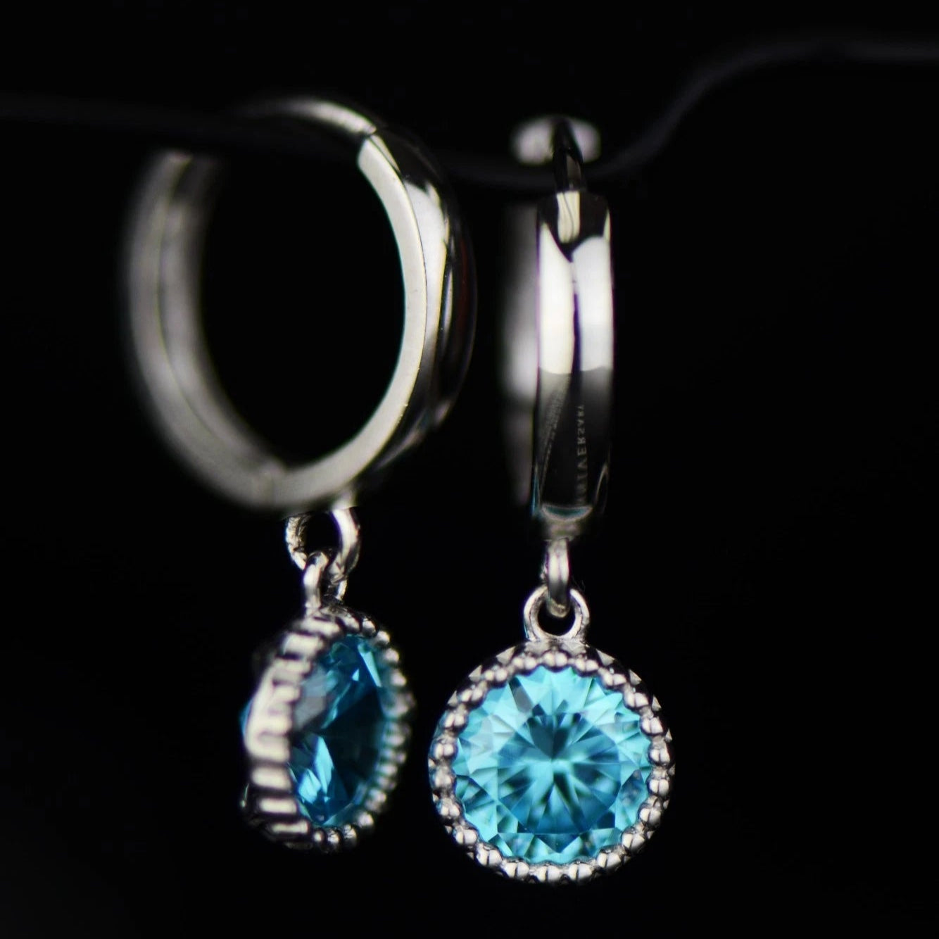 14k White Gold Dangle Round Birthstone Huggie Earrings
