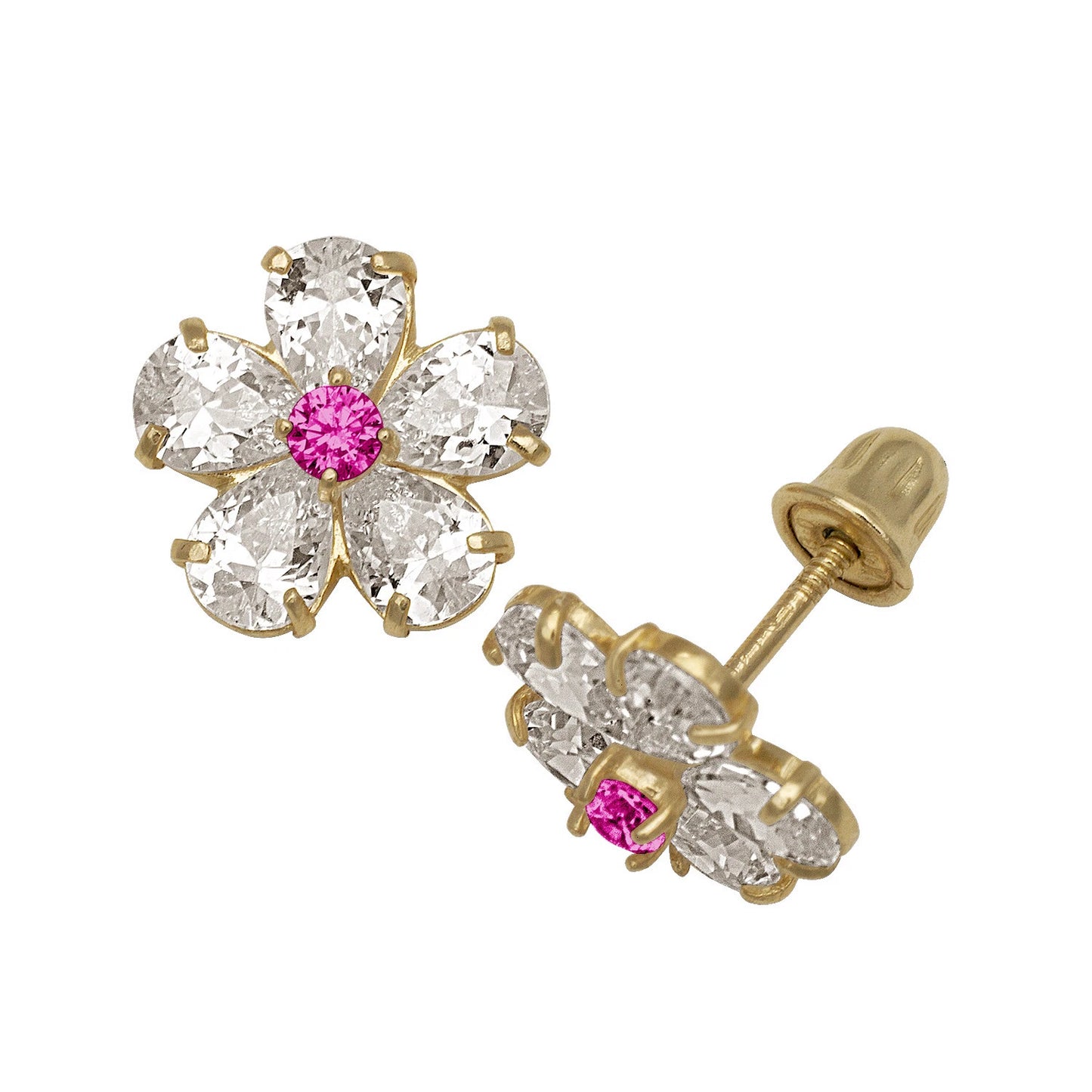 14k Yellow & White Gold CZ Flower Birthstone Stud Screw Back Earrings for Women