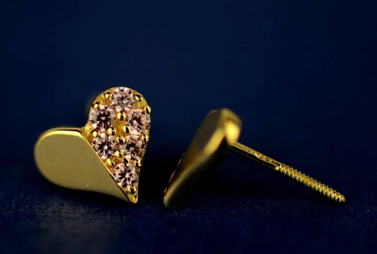 14K Yellow & White Gold Beautiful Heart Shape CZ Stud Earrings for Women
