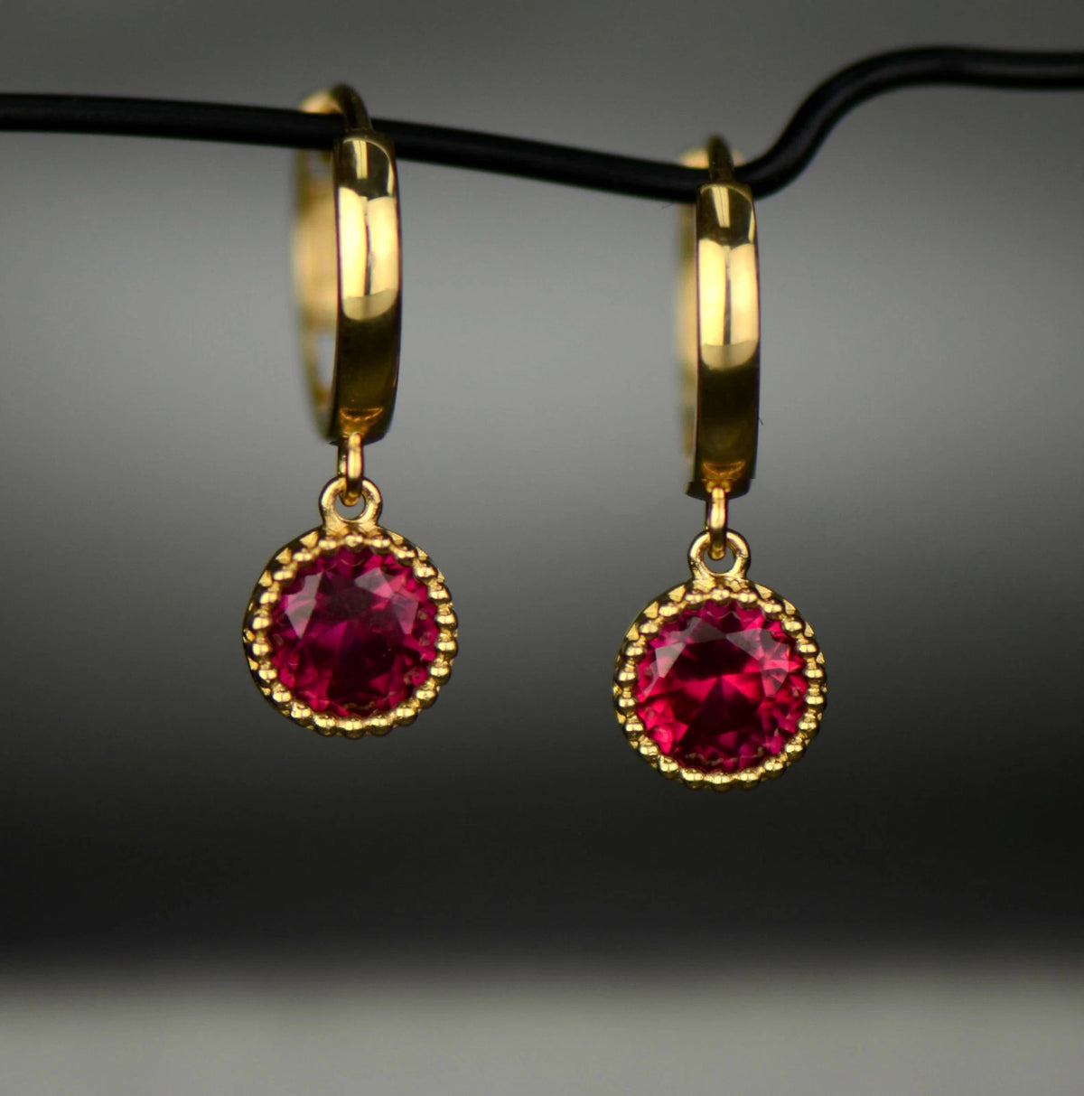 14k Yellow Gold Dangle Round Birthstone Huggie Earrings