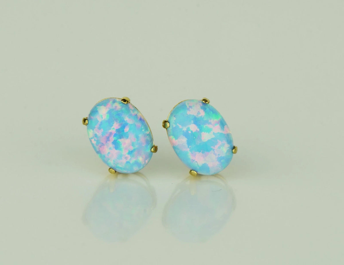 14k Yellow & White Gold Oval Opal Screw Back Stud Earrings for Earrings