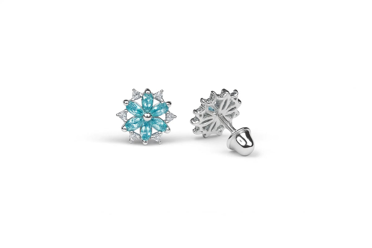 14K White Gold Beautiful CZ Flower Stud Earrings for Women