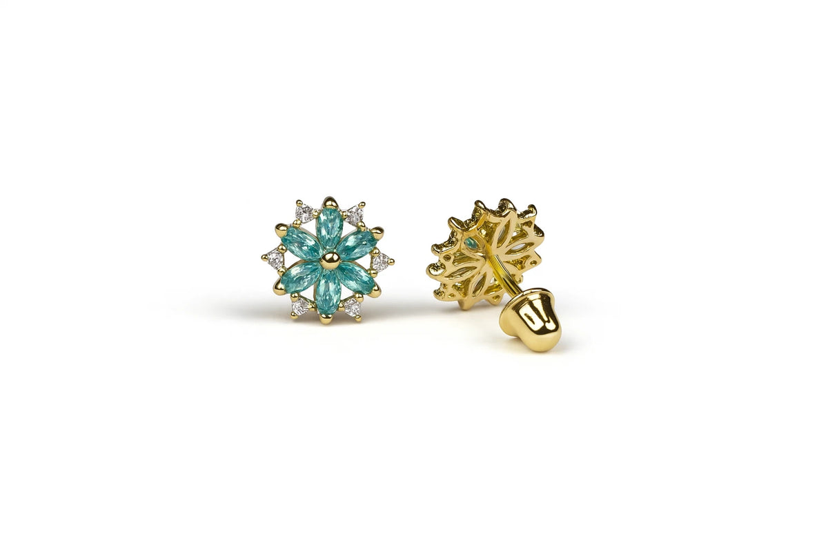 14K Yellow Gold Beautiful CZ Flower Stud Earrings for Women