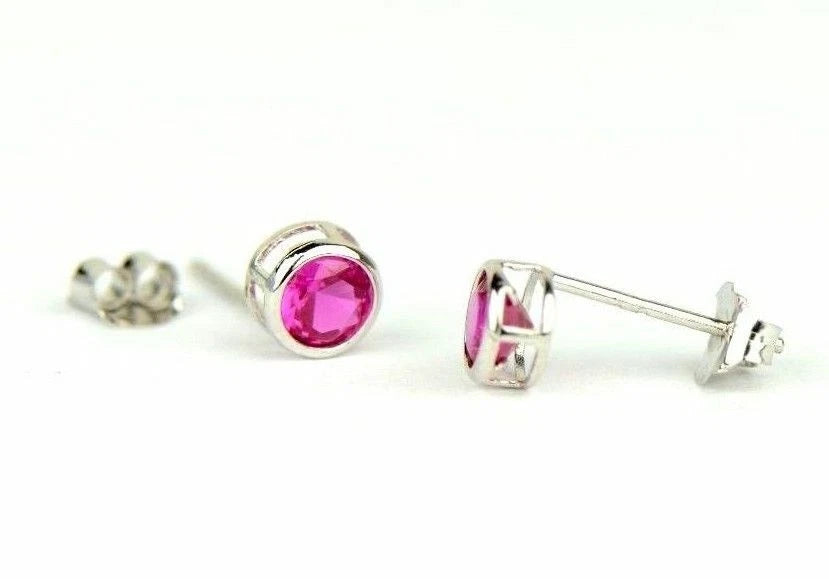 14K Round Bezel 4mm Set White Gold Birthstone Earrings
