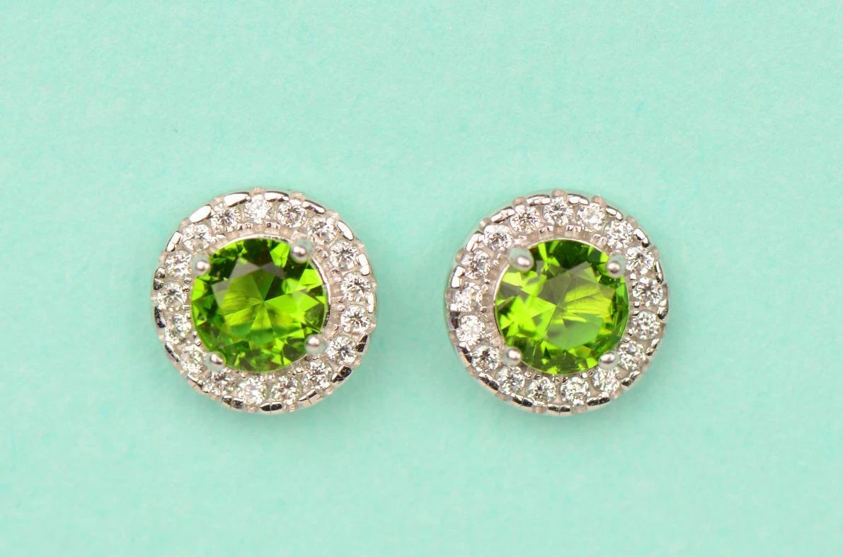 14K Solid White Gold Halo Stud CZ Screw Back Earrings