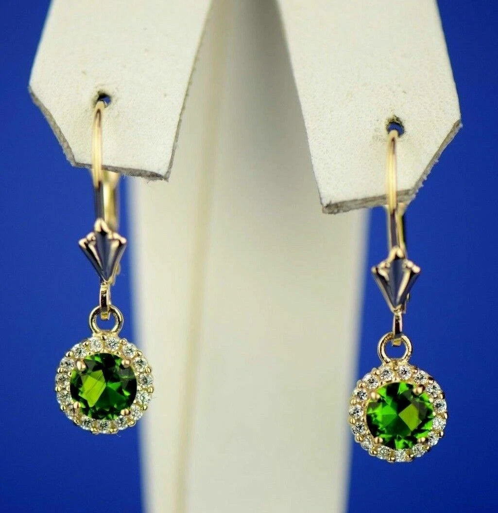 14k Yellow Gold Halo Dangle Round Leverback Pierced Earrings Birthstone