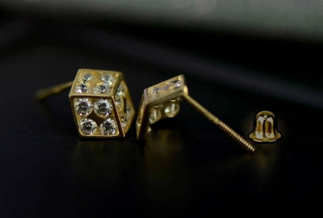 14K Yellow or White Gold Dice Stud Earrings Screw Back
