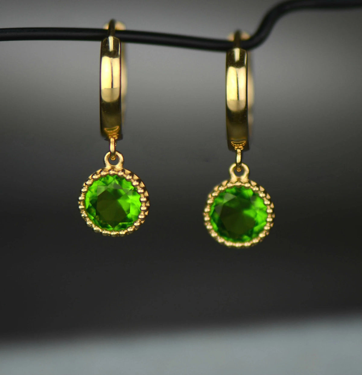 14k Yellow Gold Dangle Round Birthstone Huggie Earrings