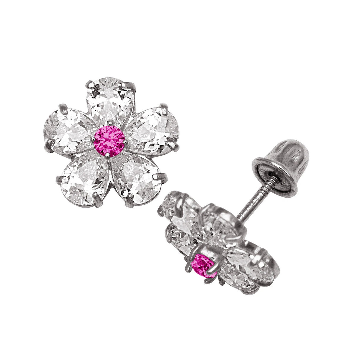 14k Yellow & White Gold CZ Flower Birthstone Stud Screw Back Earrings for Women