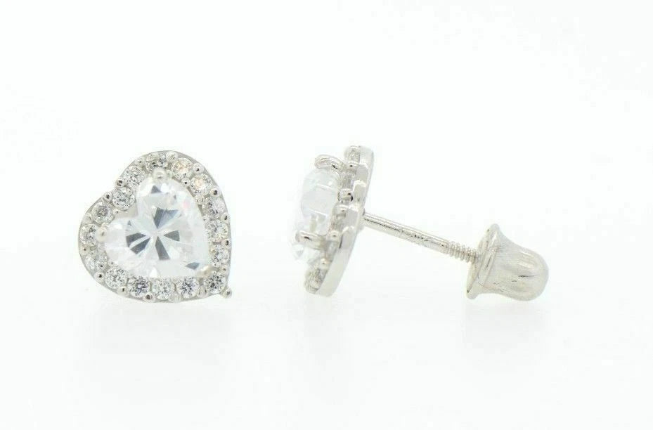 14K White Gold Halo Heart CZ Stud Earrings Screw Back