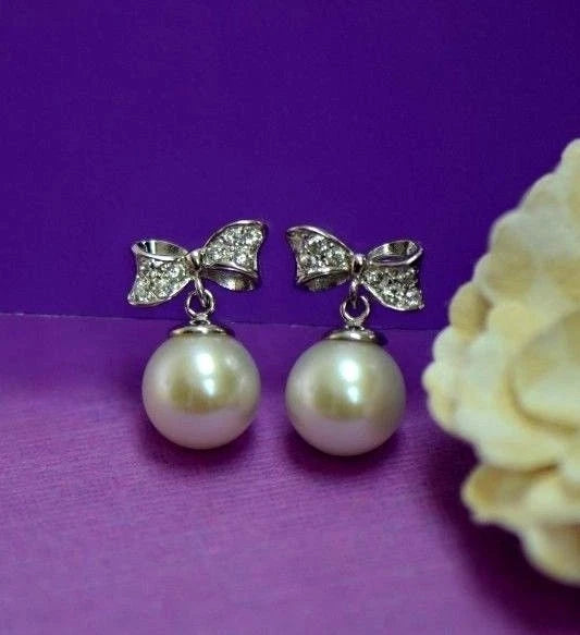 14k yellow white gold bow tie pearl cz stud earring freshwater