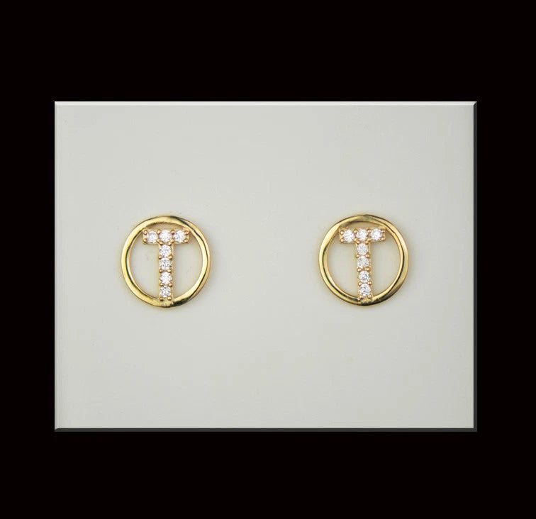 14k Yellow or White Gold Round Initial Letters CZ Stud Earrings
