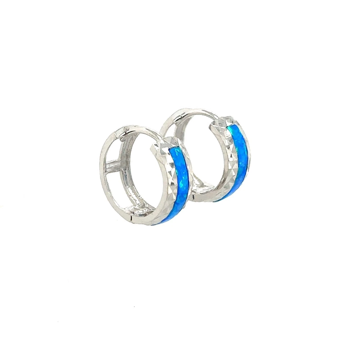 14k White Gold Dark Blue Opal Huggie Hoop Earrings