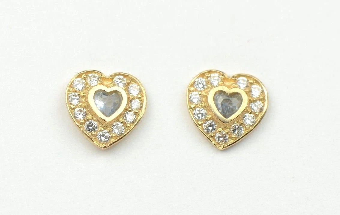 14K Yellow Gold Birthstone Heart with CZ Stud Earrings Screw Back