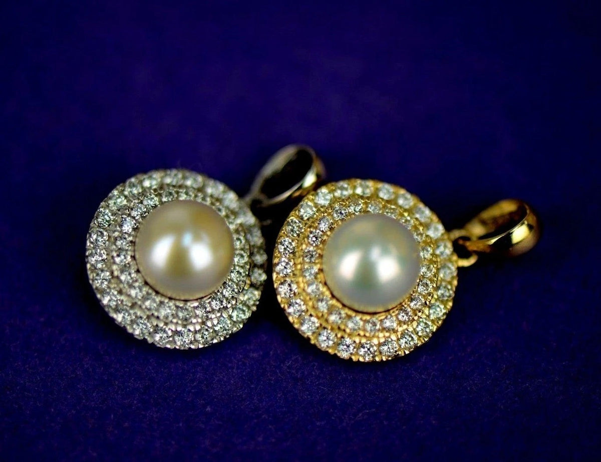 14K Yellow or White Gold Round Genuine Pearl CZ Pendant
