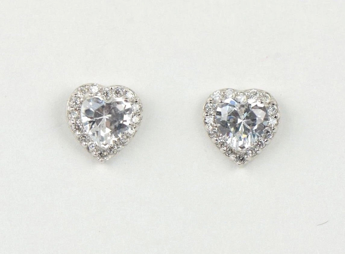 14k Solid White Gold Halo Heart Stud Earrings