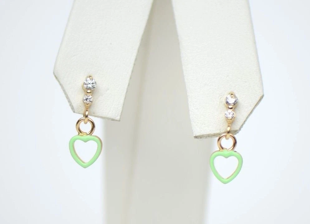 14K Solid Yellow Gold Heart Shape Dangle Earring with Enamel