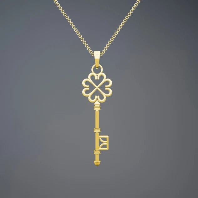 Design Key Pendant Solid 14K Yellow & White Gold For Women