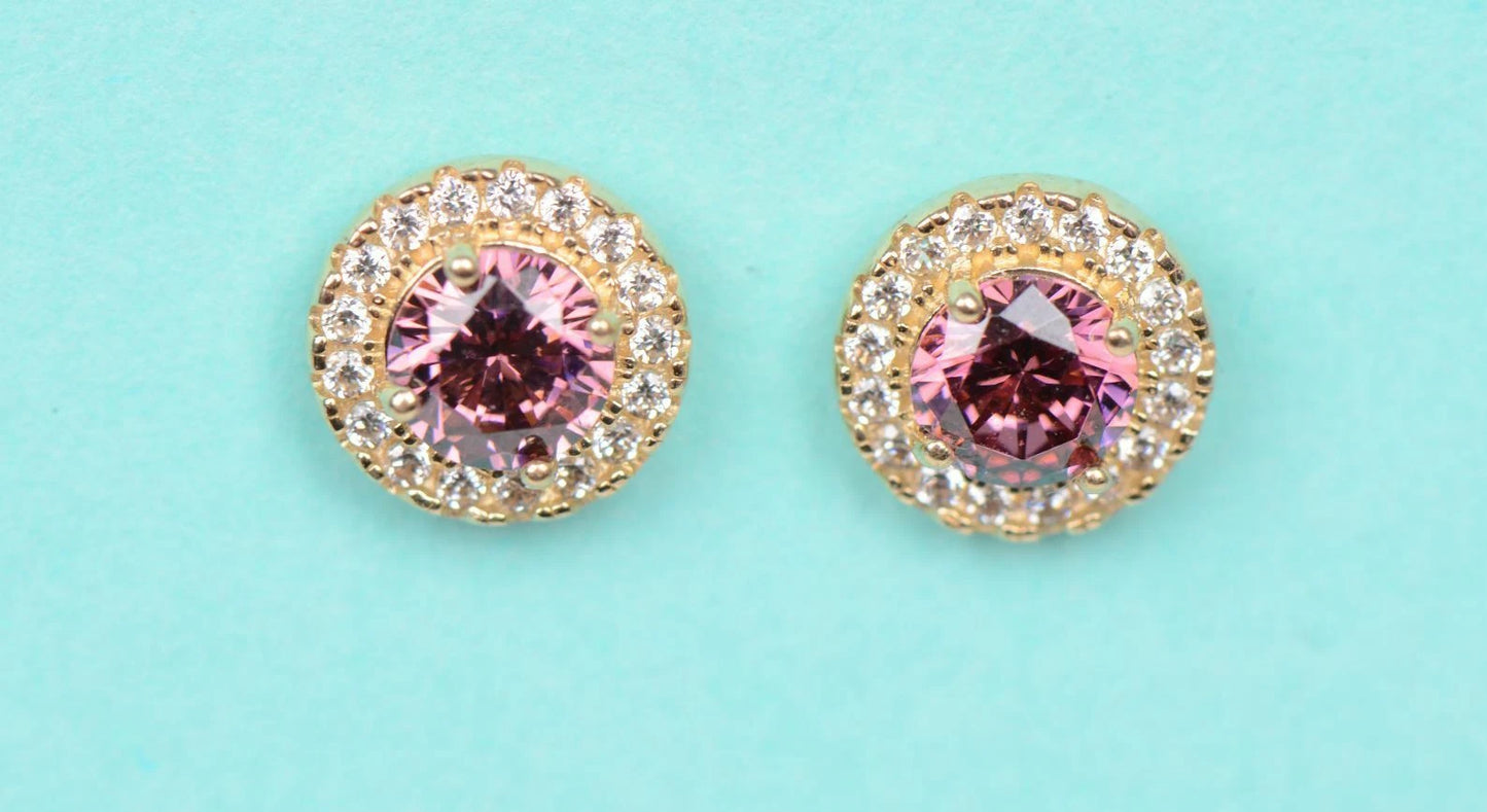 14K Yellow Gold Halo Stud Screw Back Earrings