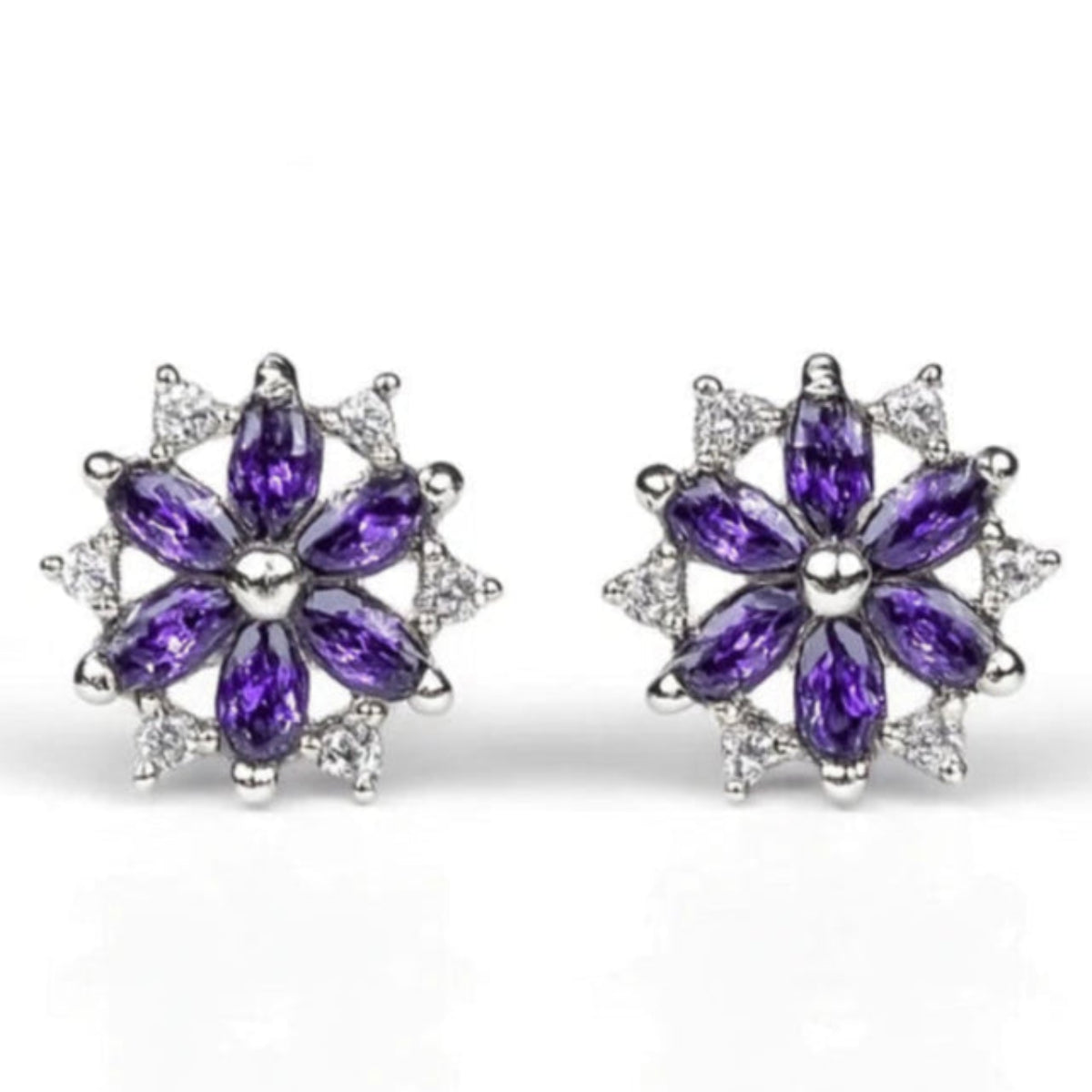 14K White Gold Beautiful CZ Flower Stud Earrings for Women