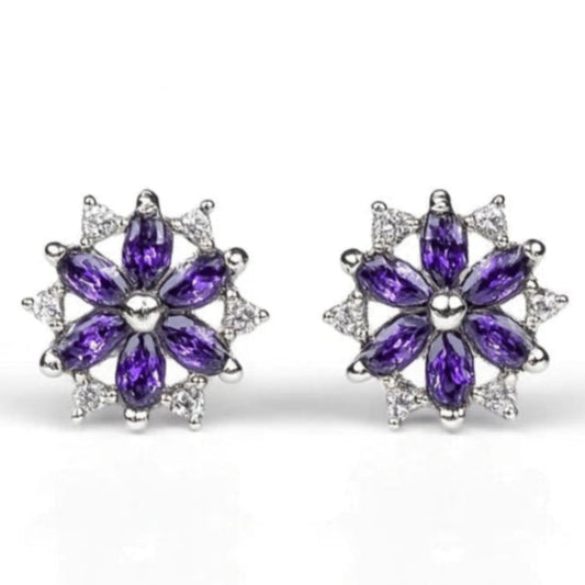 14K White Gold Beautiful CZ Flower Stud Earrings for Women