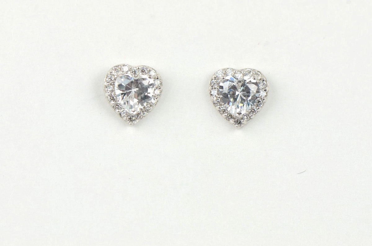 14k Solid White Gold Halo Heart Stud Earrings
