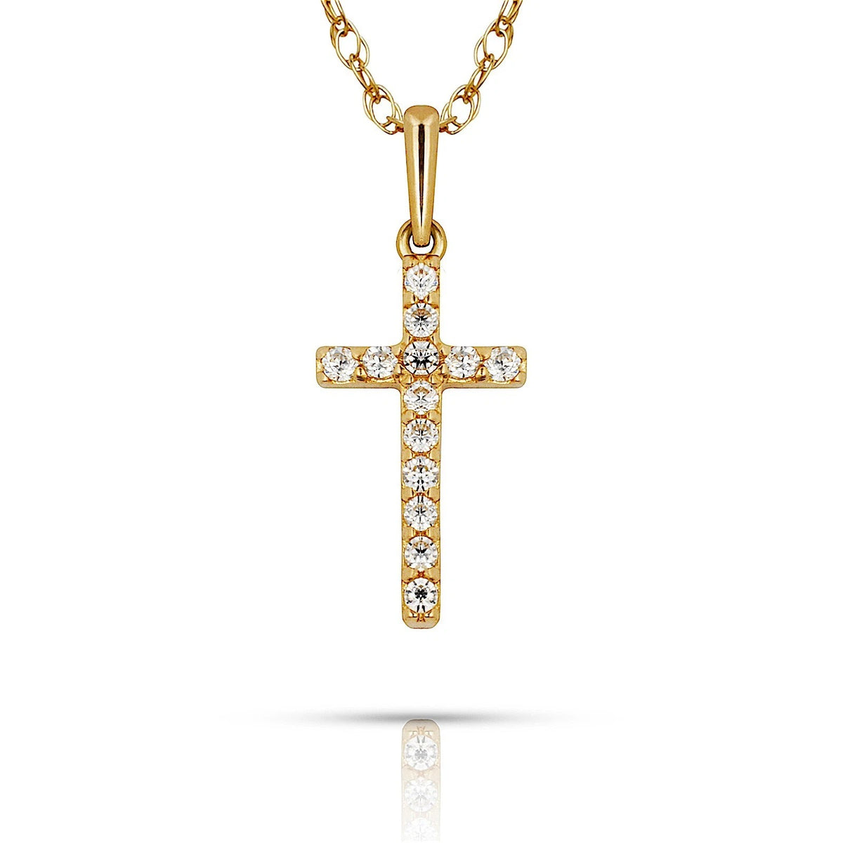 14K Yellow & White Gold Natural Round CZ 6X16mm Cross Pendant For Women