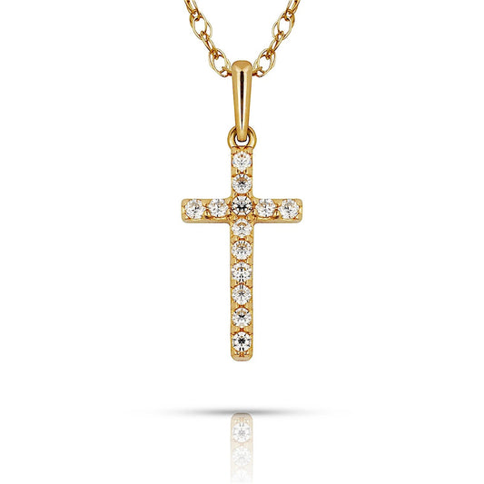 14K Yellow & White Gold Natural Round CZ 6X16mm Cross Pendant For Women