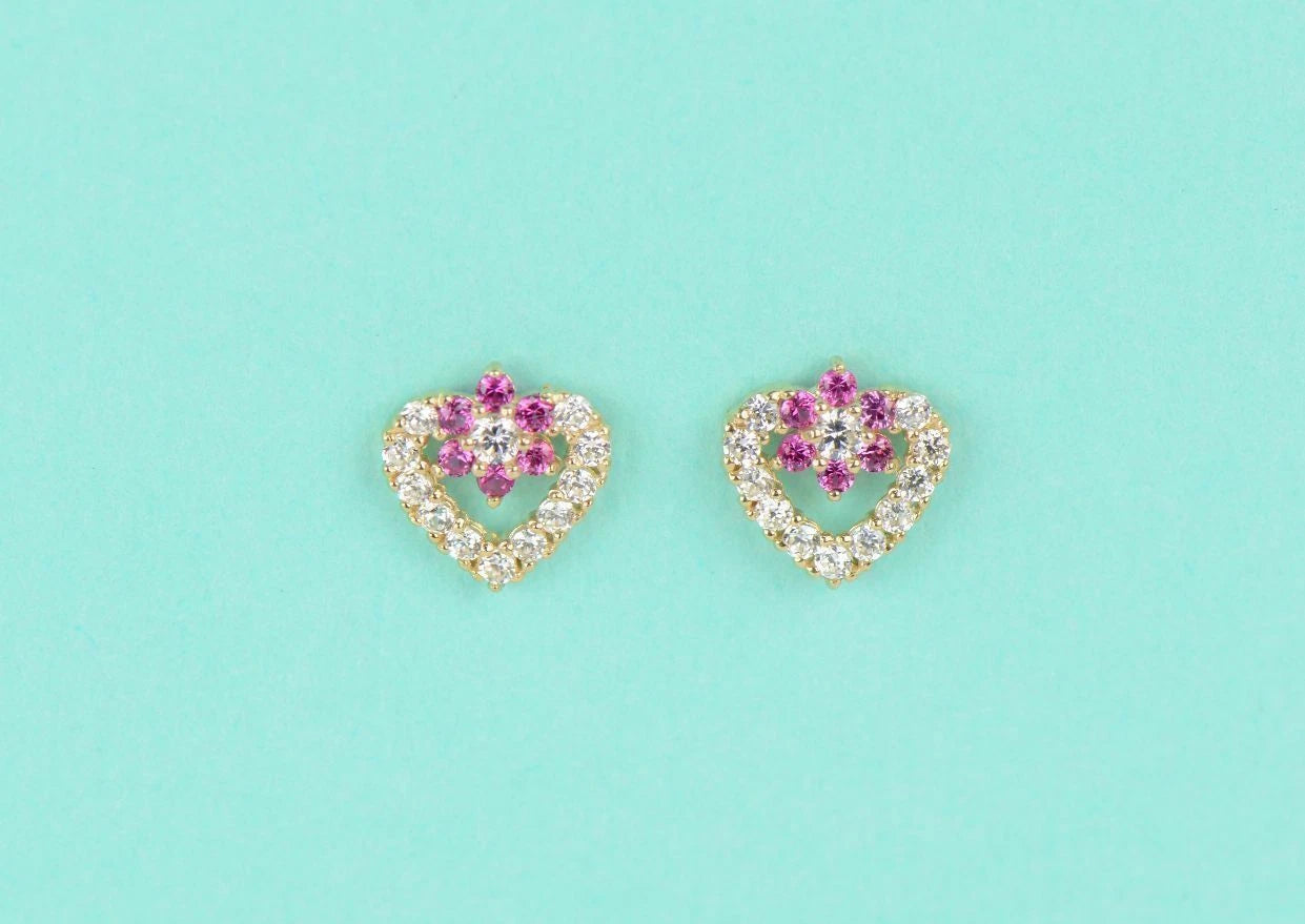 14K Yellow Gold Stud Heart Shape CZ Stud Earrings