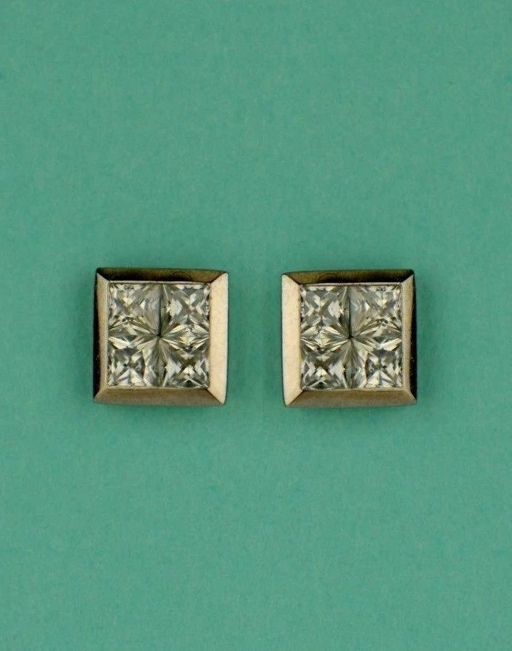 14K Yellow or White Gold Fancy Square CZ Stud Earring