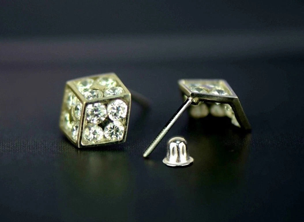 14K Yellow or White Gold Dice Stud Earrings Screw Back