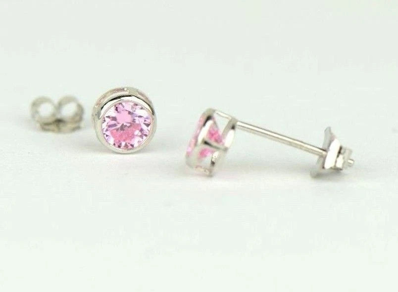 14K Round Bezel 4mm Set White Gold Birthstone Earrings