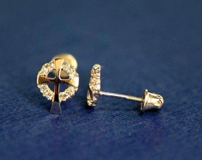 14K White or Yellow Gold Cross CZ Stud Earrings