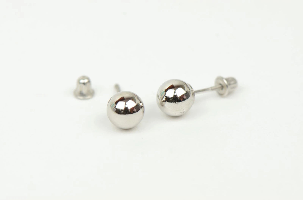 14k White Gold Ball stud earrings with screw back round High Polish