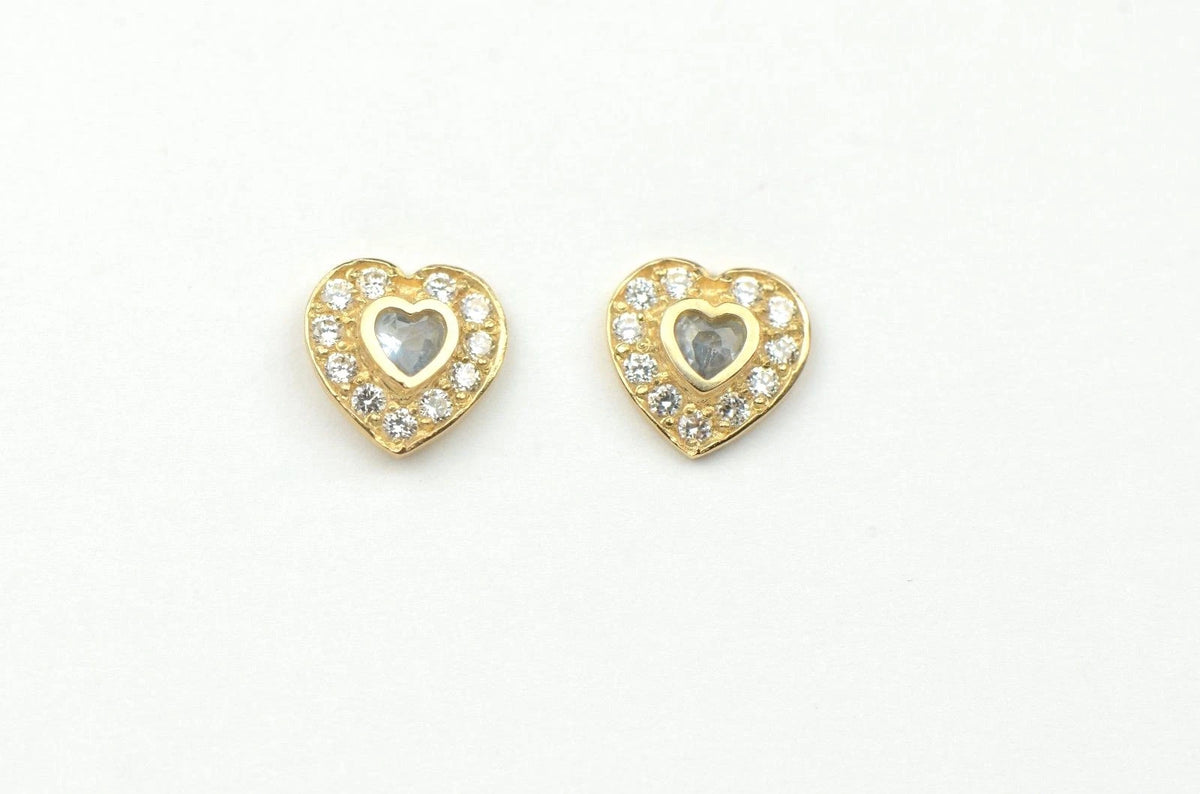 14K Yellow Gold Birthstone Heart with CZ Stud Earrings Screw Back