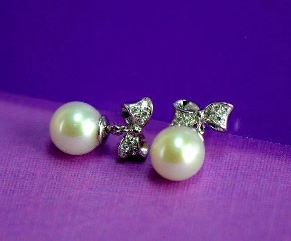 14k yellow white gold bow tie pearl cz stud earring freshwater