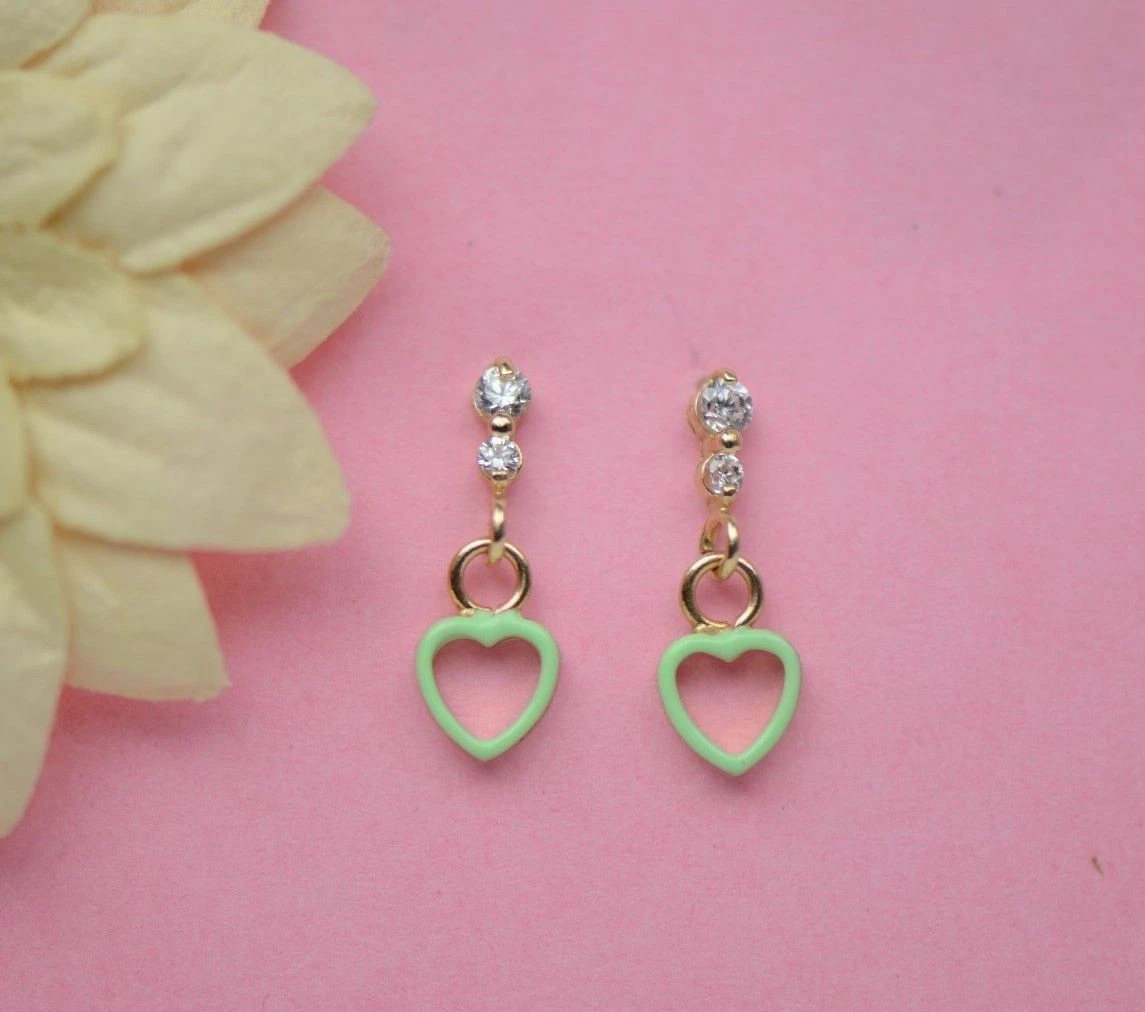 14K Solid Yellow Gold Heart Shape Dangle Earring with Enamel