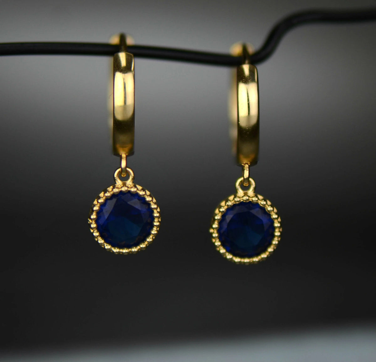 14k Yellow Gold Dangle Round Birthstone Huggie Earrings