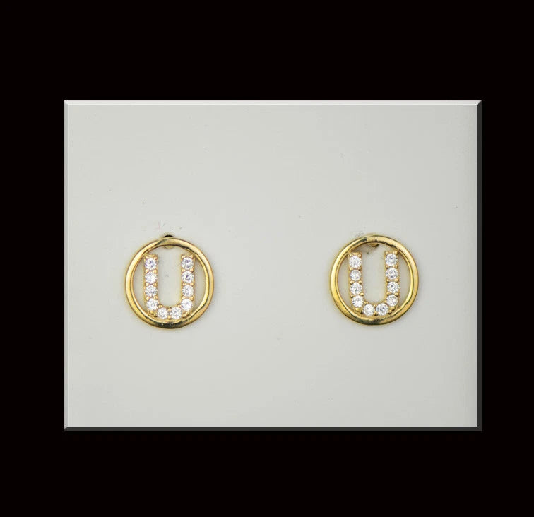14k Yellow or White Gold Round Initial Letters CZ Stud Earrings