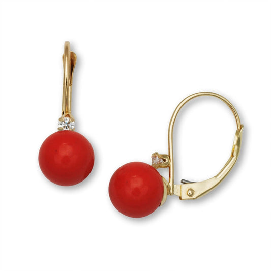 14K Yellow Gold Gorgeous CZ Red Coral Pearl Lever Back Earrings for Women