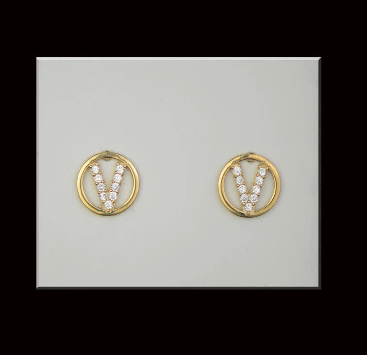 14k Yellow or White Gold Round Initial Letters CZ Stud Earrings