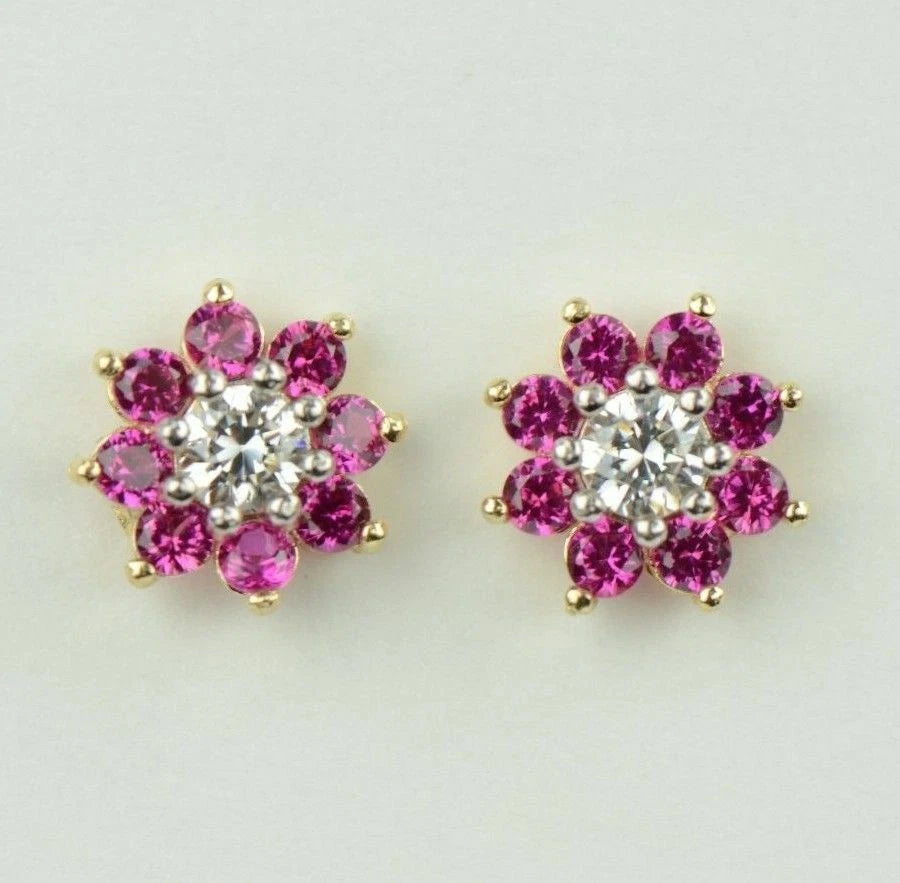 14k Yellow Gold Flower Stud Earrings with  Birthstone Screw Back
