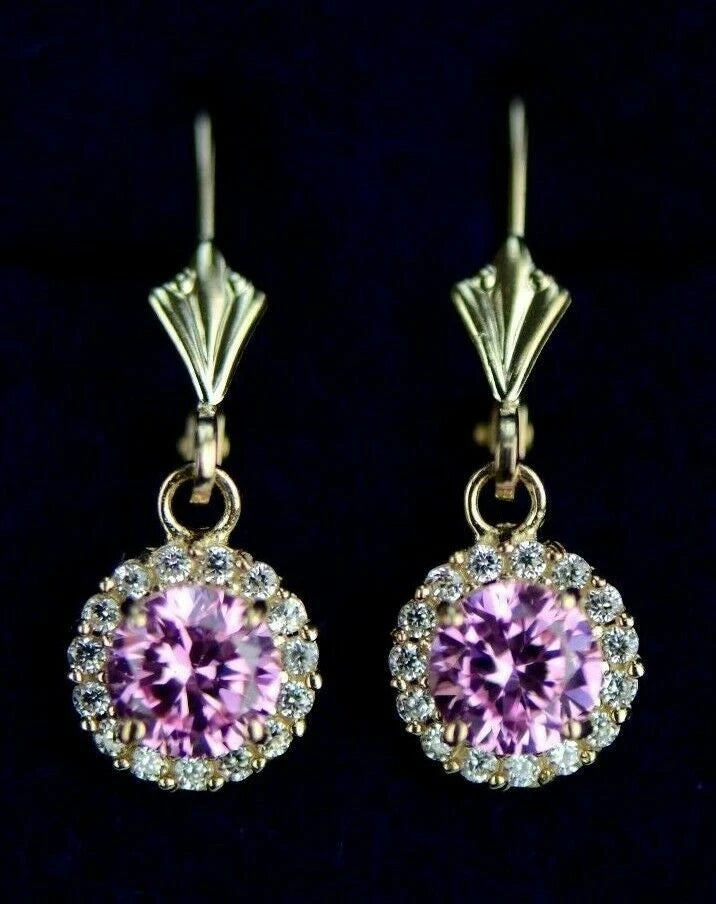 14k Yellow Gold Halo Dangle Round Leverback Pierced Earrings Birthstone