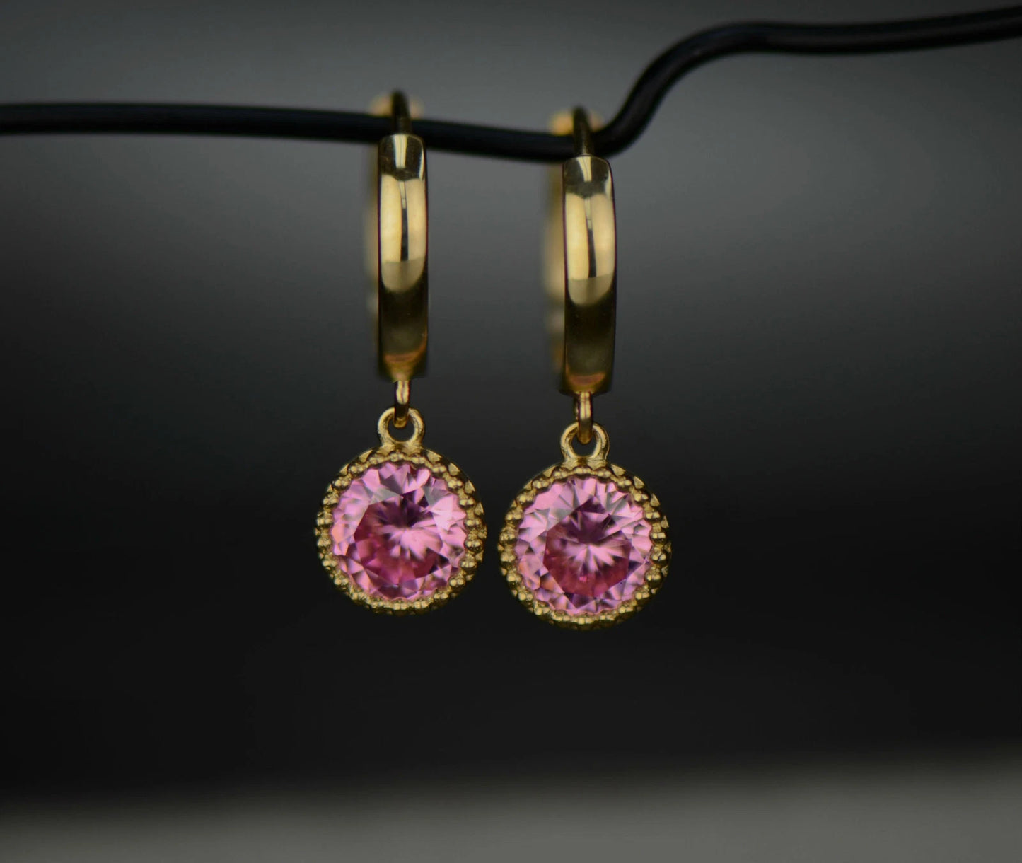 14k Yellow Gold Dangle Round Birthstone Huggie Earrings