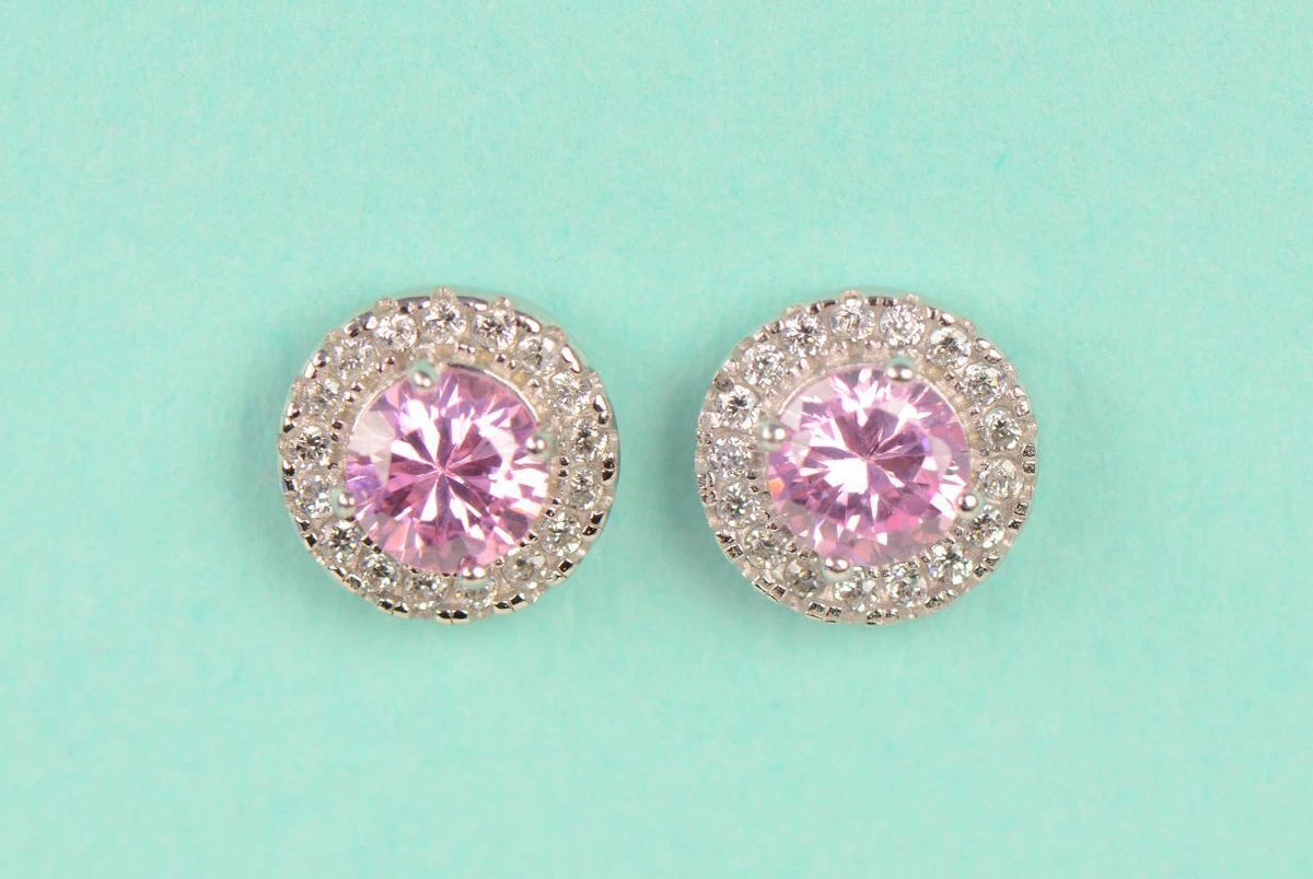 14K Solid White Gold Halo Stud CZ Screw Back Earrings