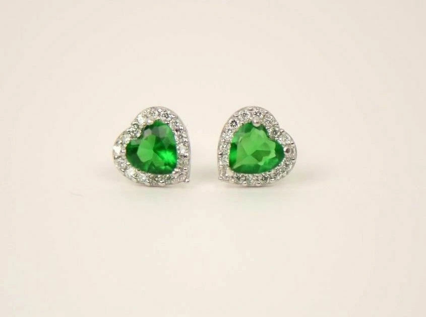 14K White Gold Halo Heart CZ Stud Earrings Screw Back