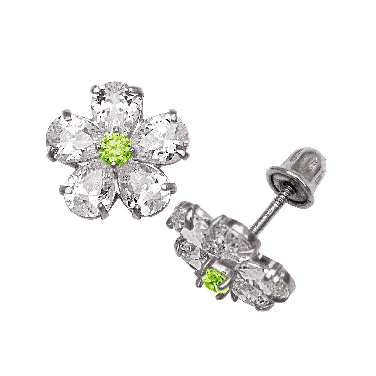 14k Yellow & White Gold CZ Flower Birthstone Stud Screw Back Earrings for Women