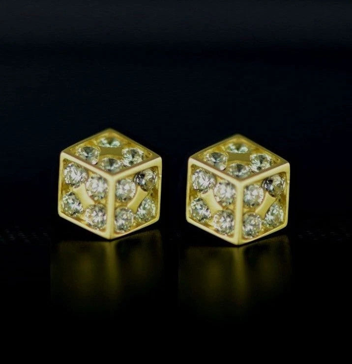 14K Yellow or White Gold Dice Stud Earrings Screw Back