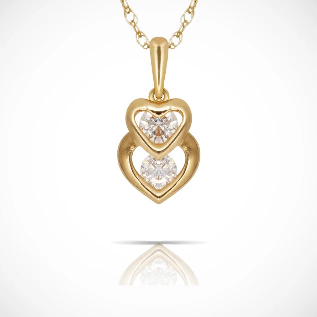 14K Gold Dual Interlocking Hearts CZ Charm Pendant For For Women