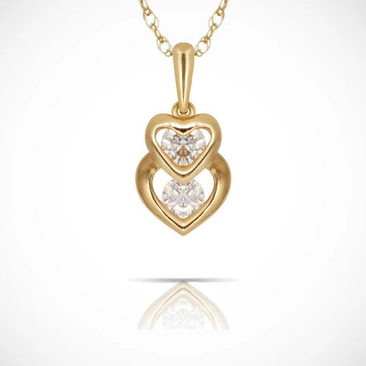 14K Gold Dual Interlocking Hearts CZ Charm Pendant For For Women